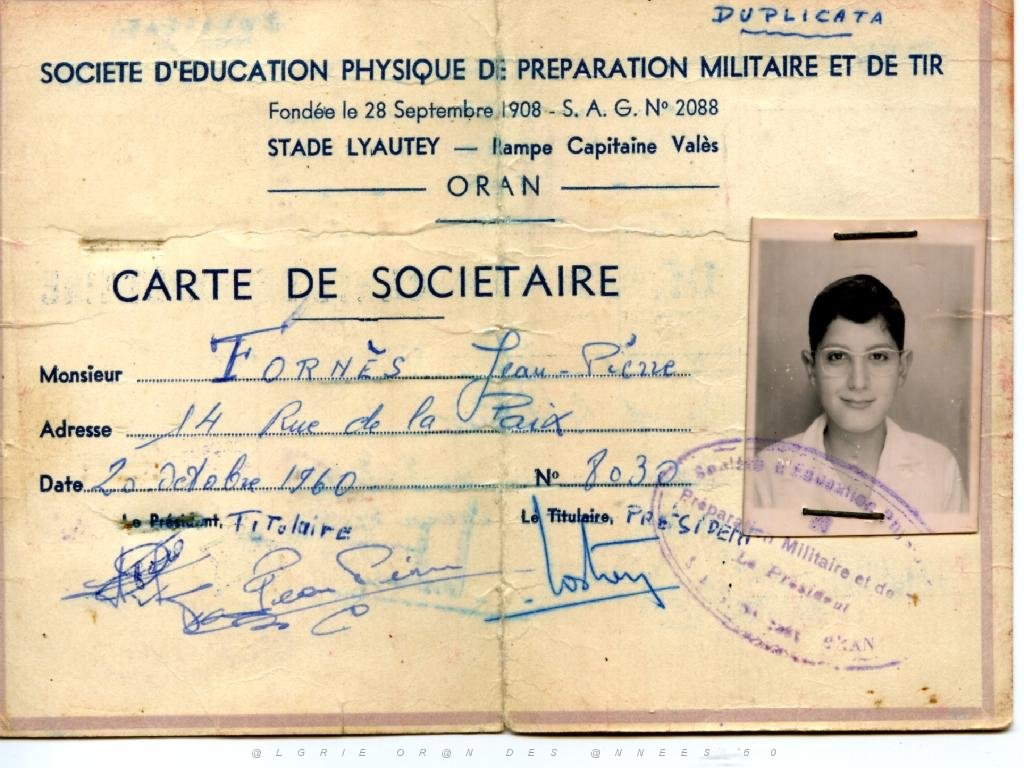 ORAN 1960CARTE DE SOCIETAIRE DE LA PME.JPG